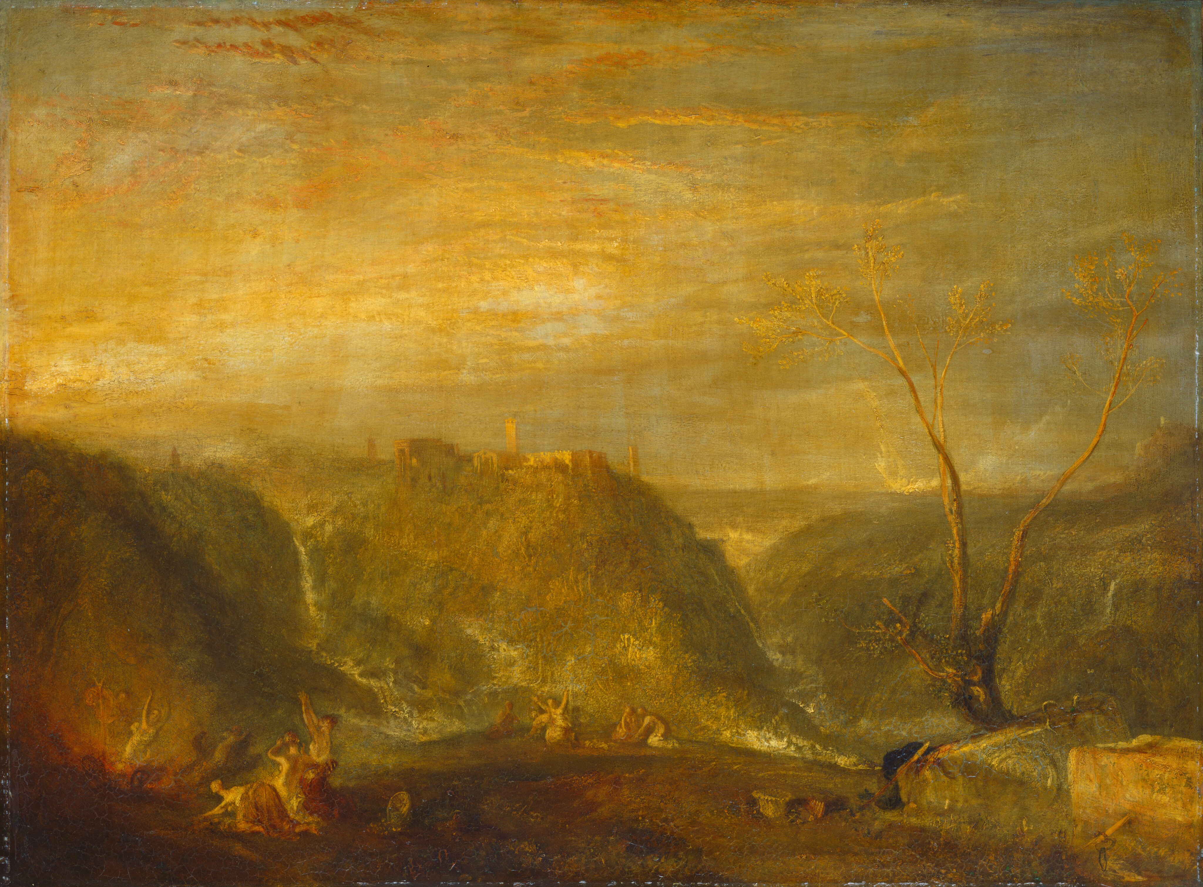 A glowing, hazy mythological landscape with Pluto carrying off Proserpine in a chariot, the figures almost dissolved into Turner's storm of light.